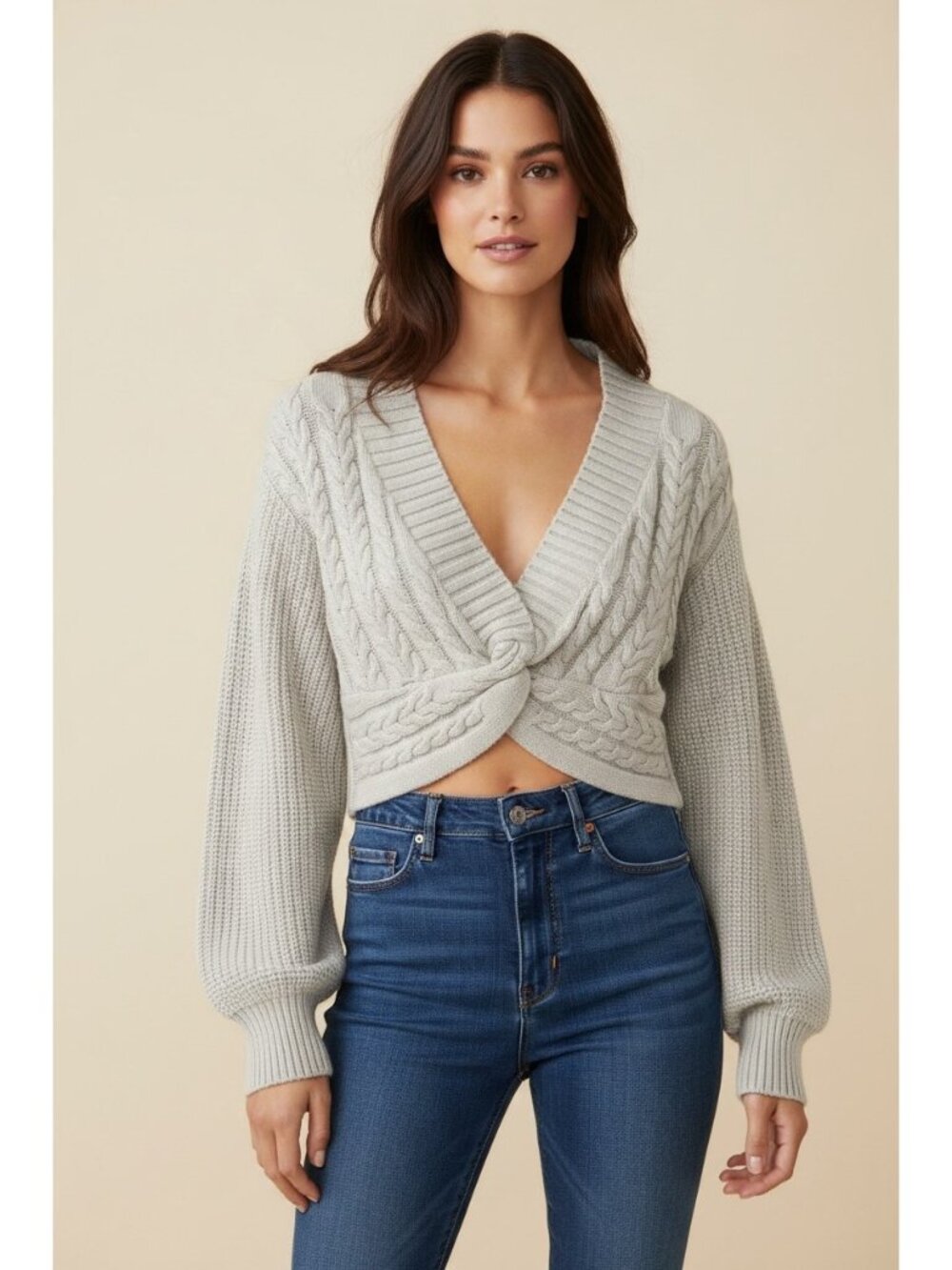 Free People Emilie Ivory Twist Front Cable Knit Cropped Sweater S